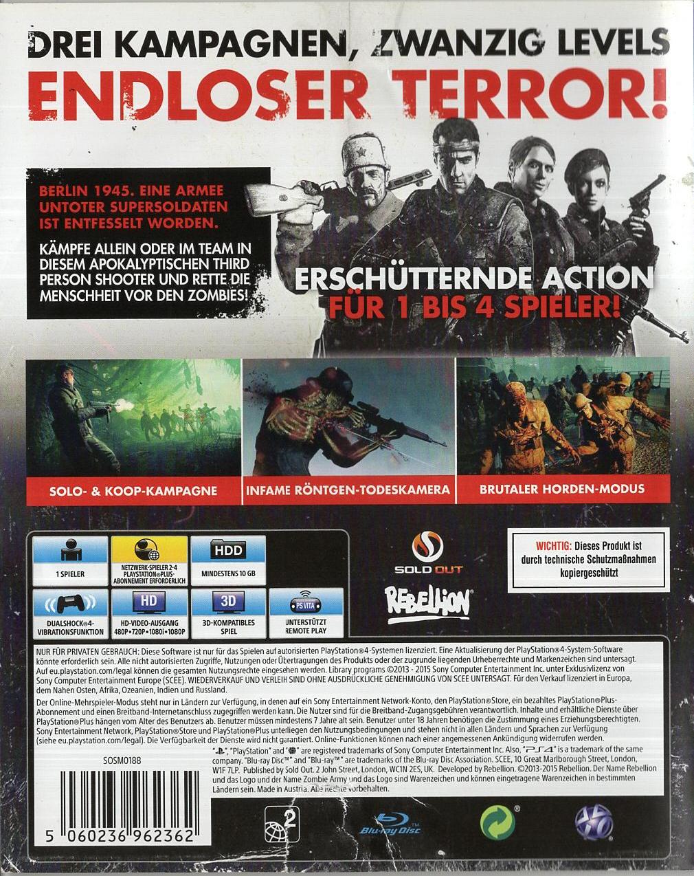 Zombie Army Trilogy - PlayStation 4 Rückseite