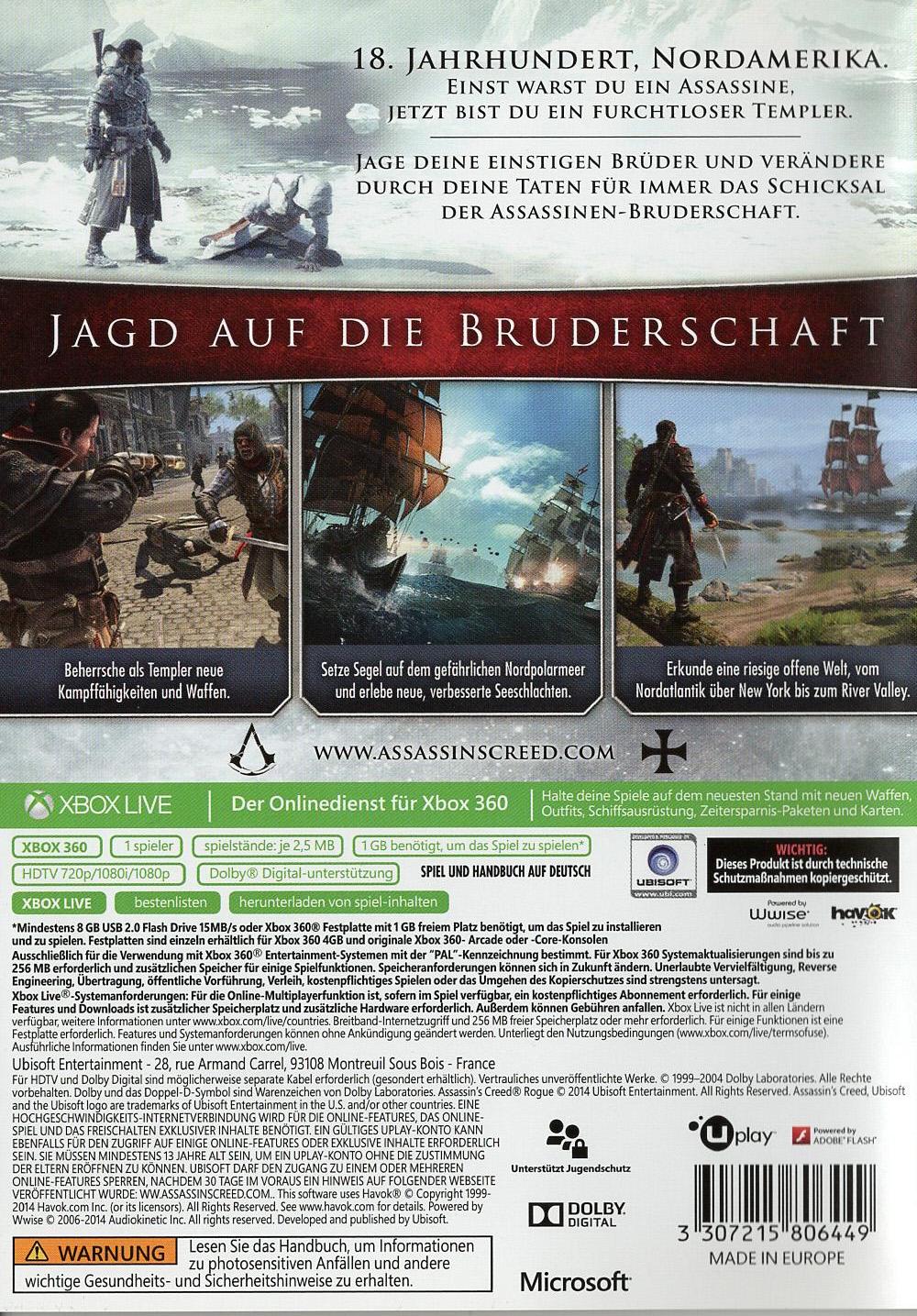 Assassin's Creed Rogue - Xbox 360 Rückseite