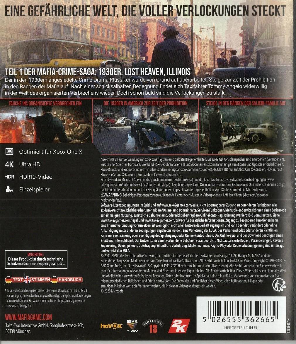 Mafia: Definitive Edition - Xbox One Rückseite