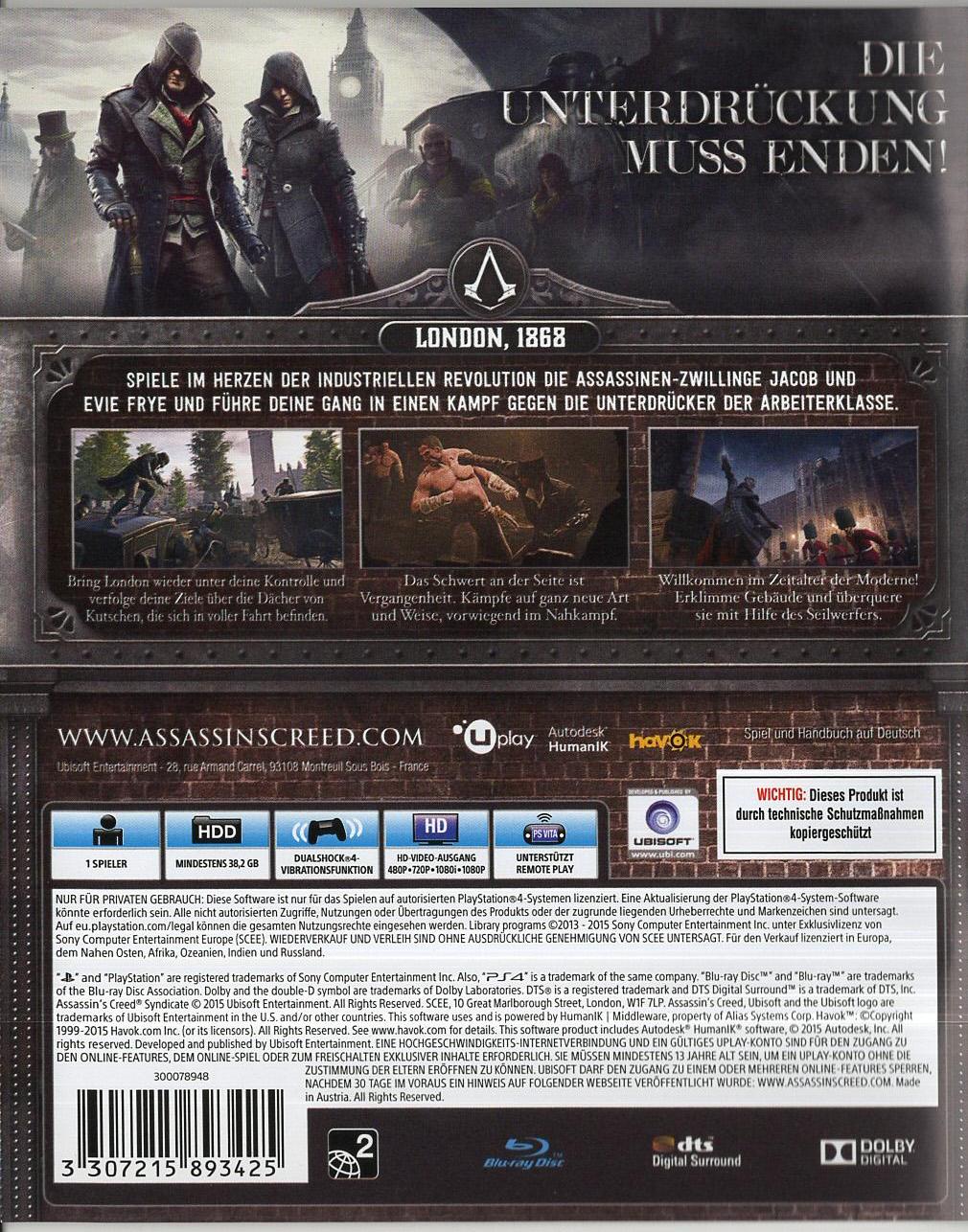 Assassin's Creed Syndicate - PlayStation 4 Rückseite