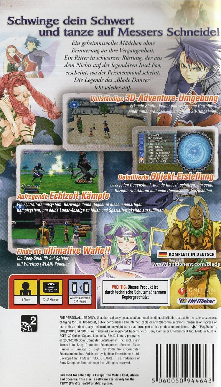 Blade Dancer: Lineage of Light - PlayStation Portable Rückseite