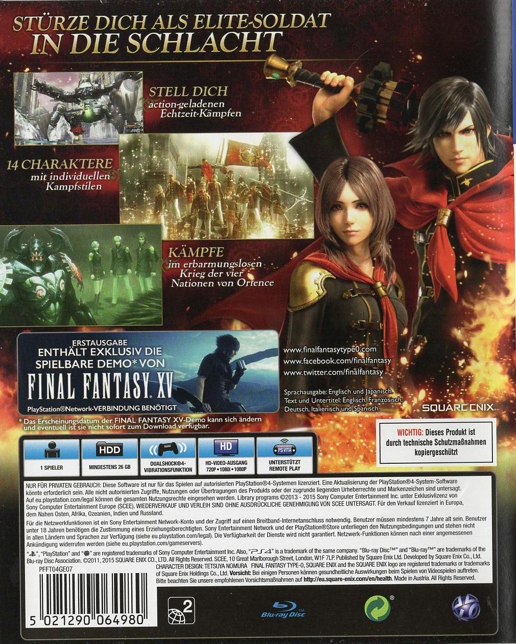 Final Fantasy Type-0 HD - PlayStation 4 Rückseite