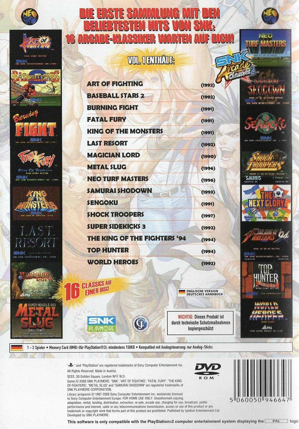 SNK Arcade Classics Vol. 1 - PlayStation 2 Rückseite