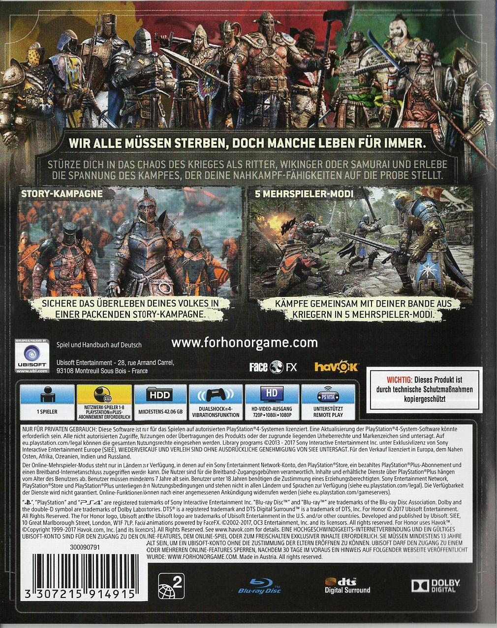 For Honor - PlayStation 4 Rückseite