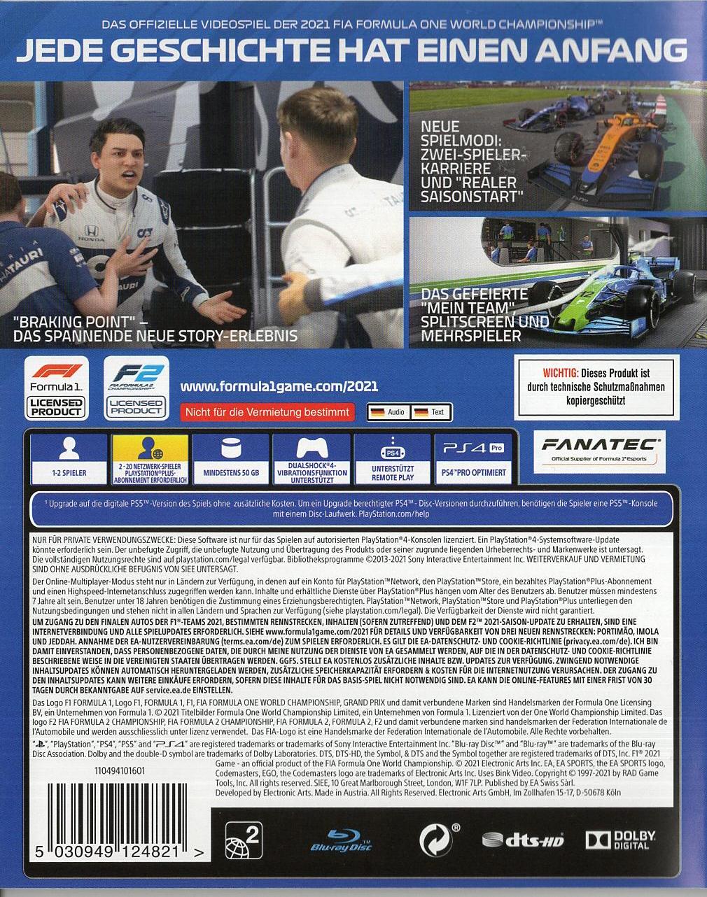 F1 2021 - PlayStation 4 Rückseite