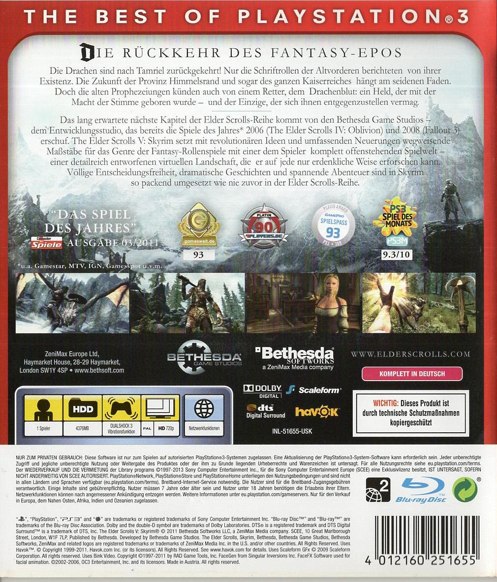 The Elder Scrolls V: Skyrim - PlayStation 3 Rückseite