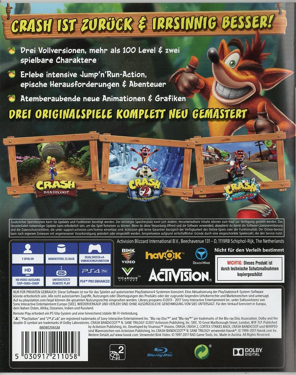 Crash Bandicoot N. Sane Trilogy - PlayStation 4 Rückseite
