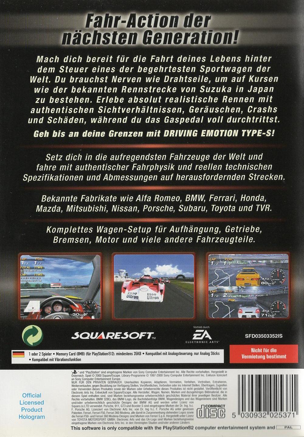 Driving Emotion Type-S - PlayStation 2 Rückseite