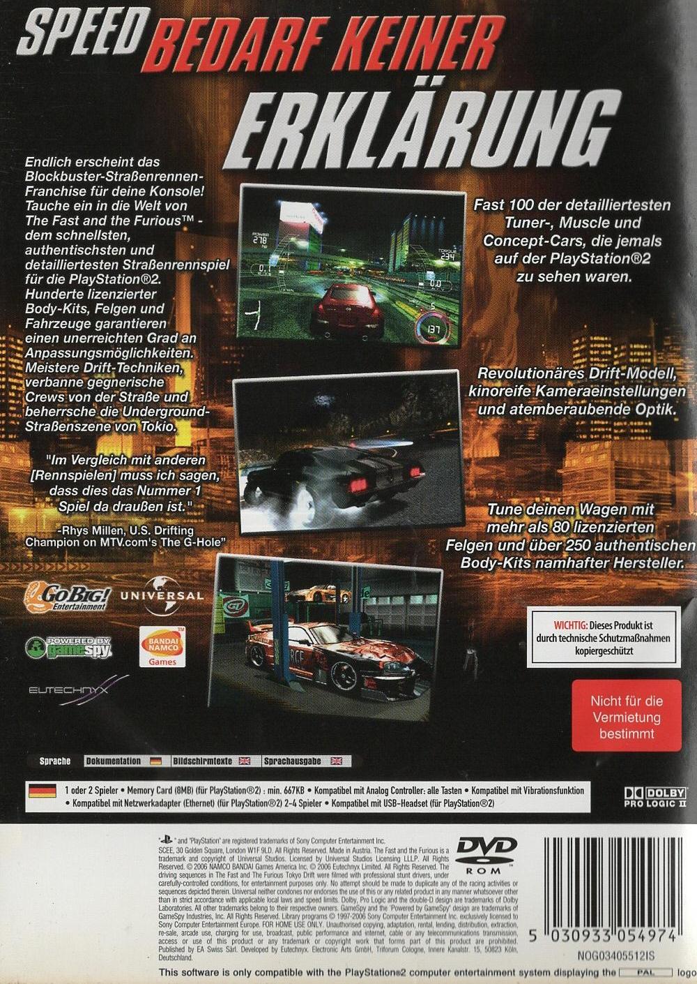 The Fast and the Furious - PlayStation 2 Rückseite