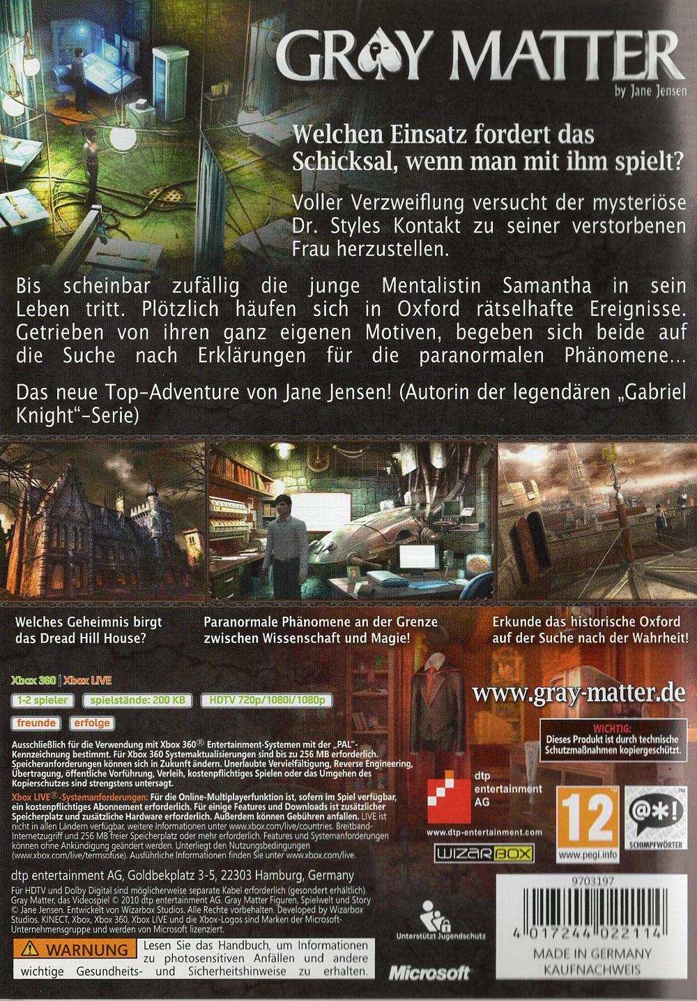 Gray Matter - Xbox 360 Rückseite