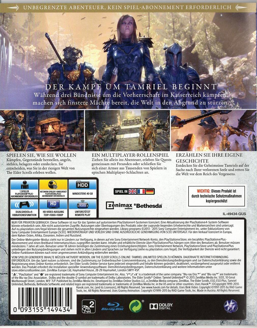 The Elder Scrolls Online: Tamriel Unlimited - PlayStation 4 Rückseite