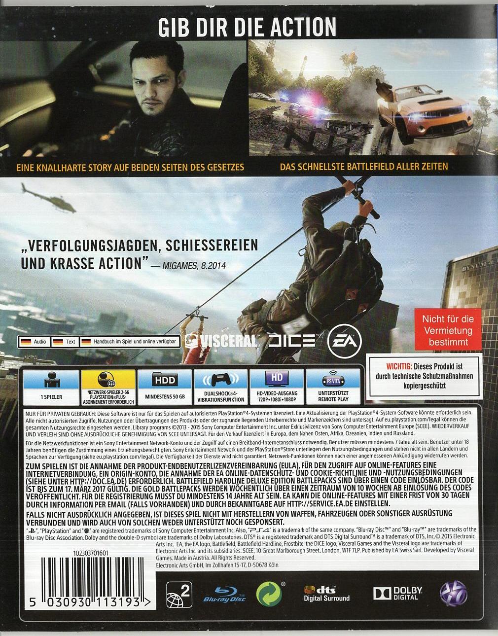 Battlefield Hardline - PlayStation 4 Rückseite