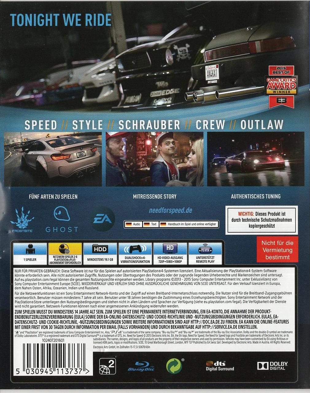 Need for Speed - PlayStation 4 Rückseite