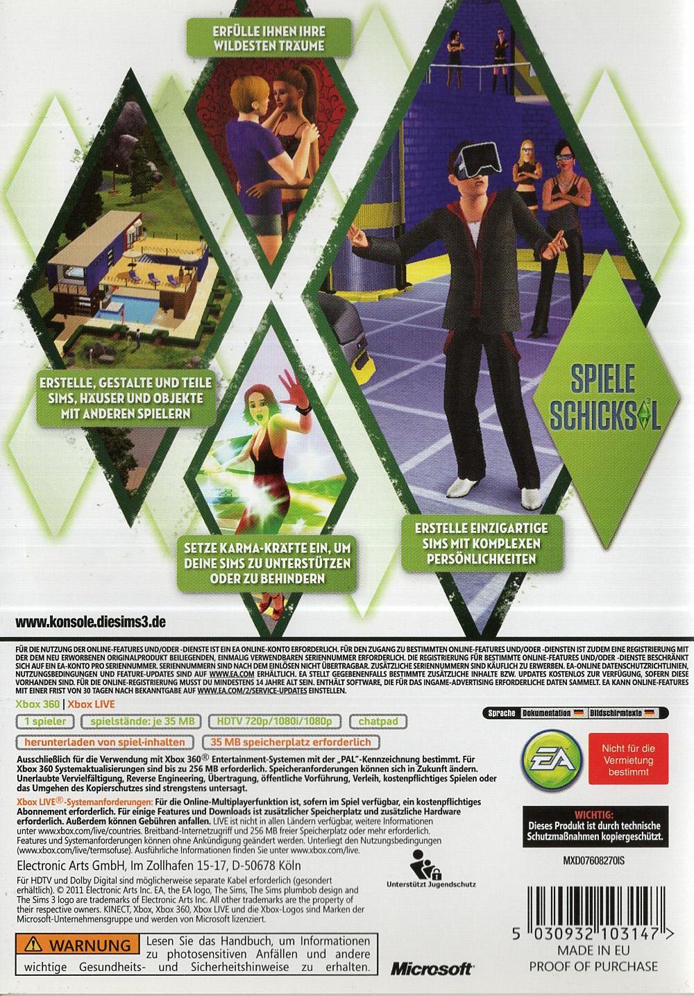 Die Sims 3 - Xbox 360 Rückseite