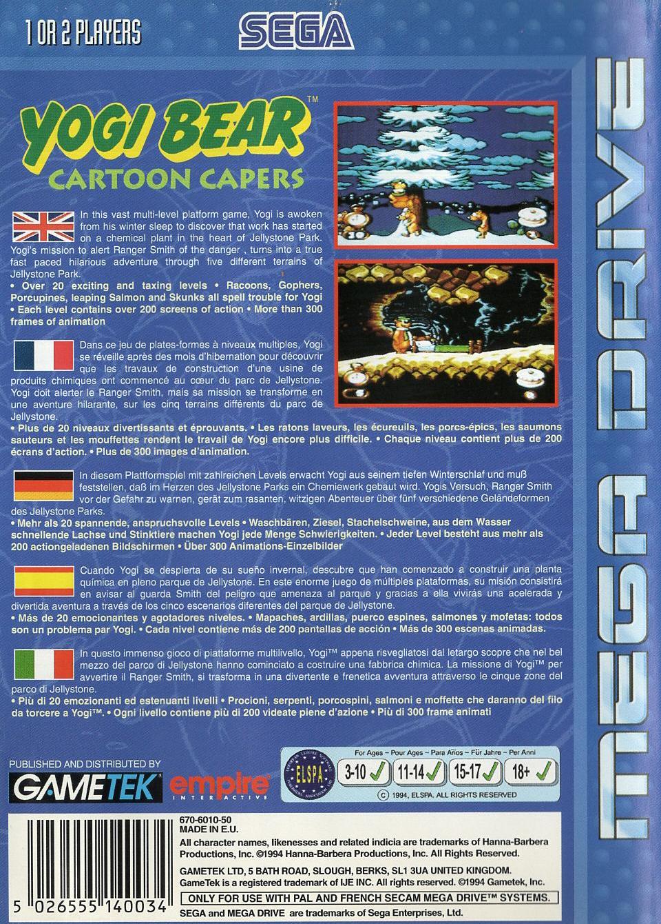 Yogi Bear Cartoon Capers - Sega Mega Drive Rückseite