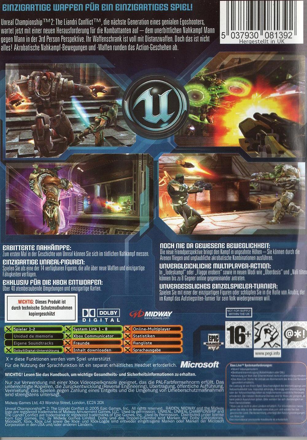 Unreal Championship 2: The Liandri Conflict - Xbox Rückseite