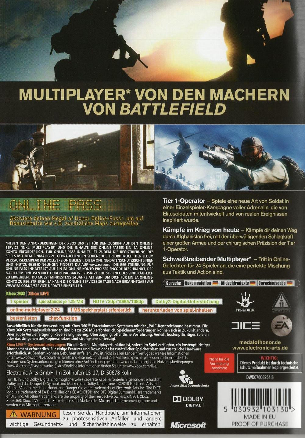 Medal of Honor - Xbox 360 Rückseite