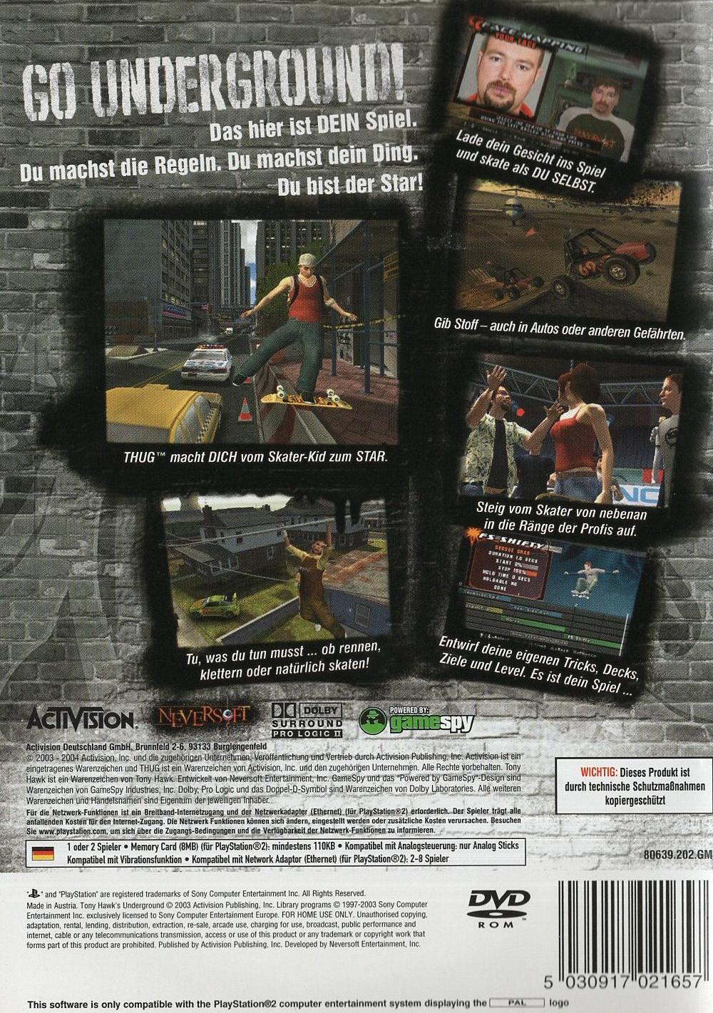 Tony Hawk's Underground - PlayStation 2 Rückseite
