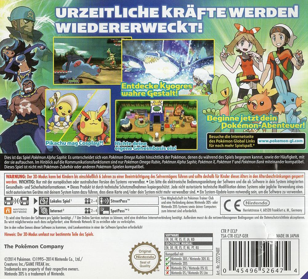 Pokémon Alpha Saphir - Nintendo 3DS Rückseite