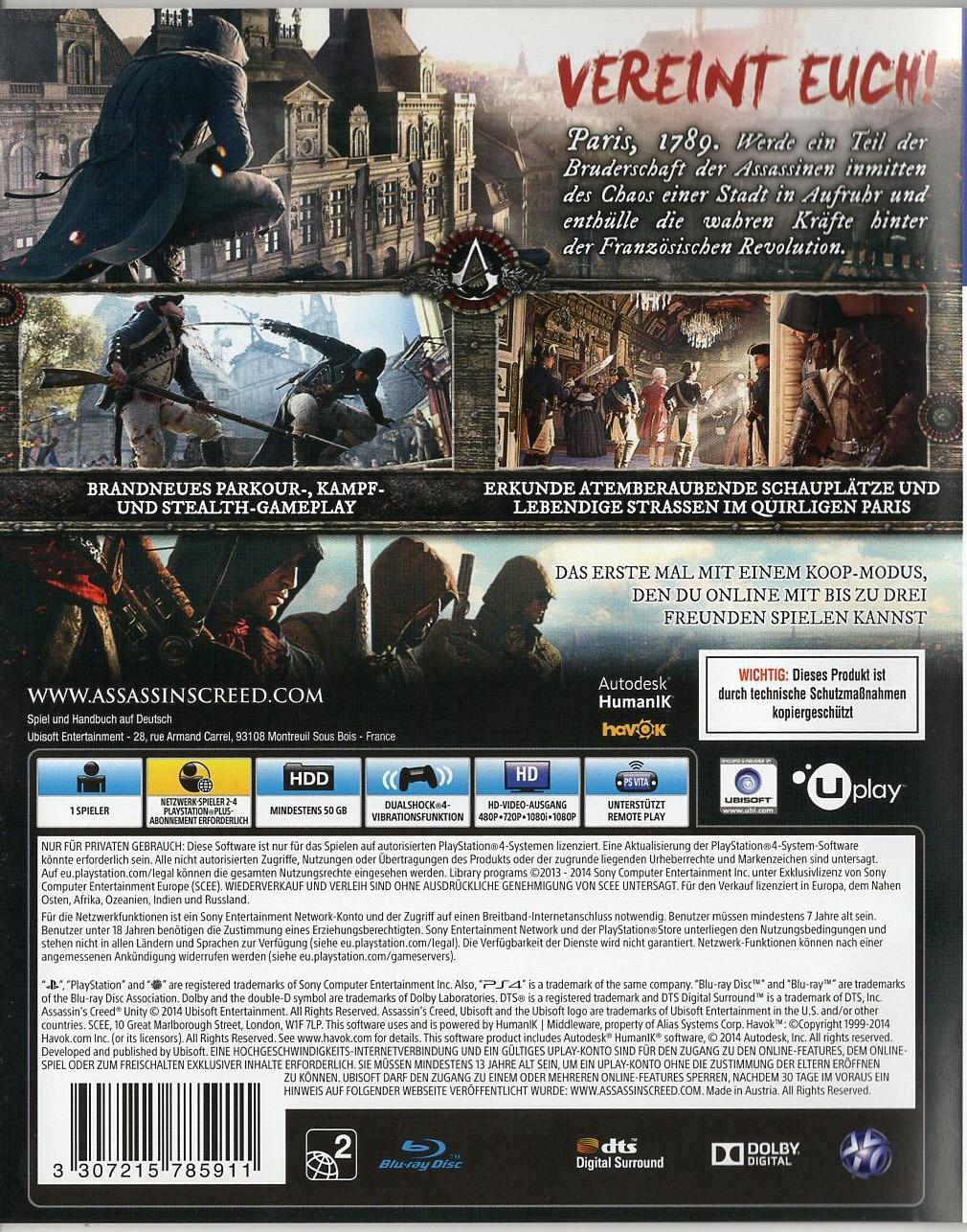 Assassin's Creed Unity - PlayStation 4 Rückseite