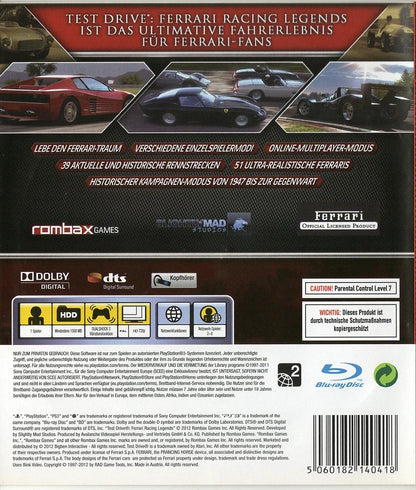 Test Drive: Ferrari Racing Legends - PlayStation 3 Rückseite
