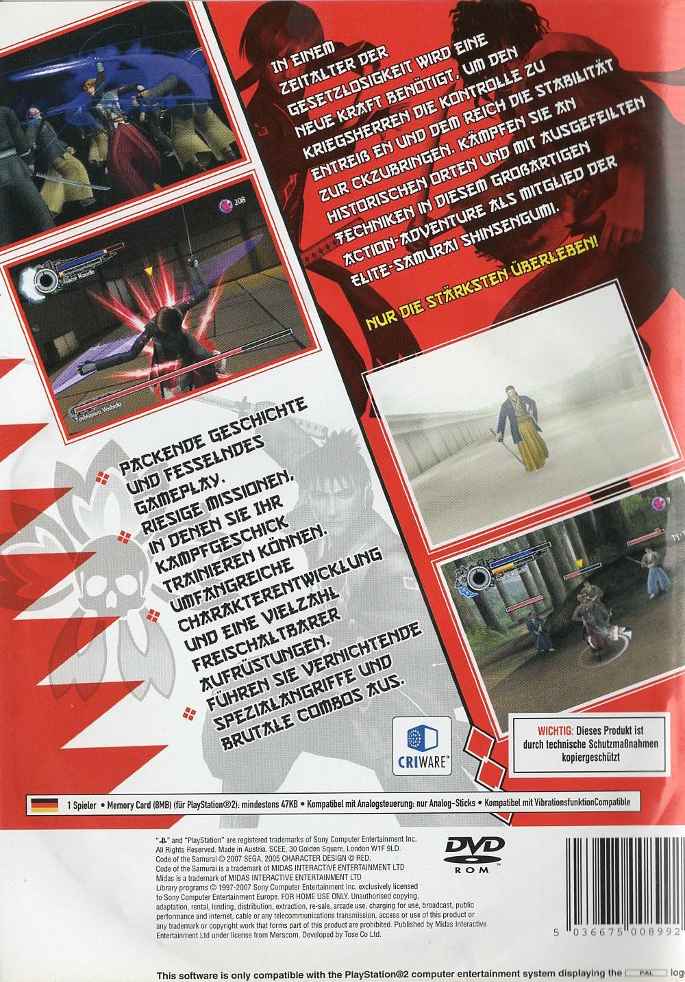 Code of the Samurai - PlayStation 2 Rückseite