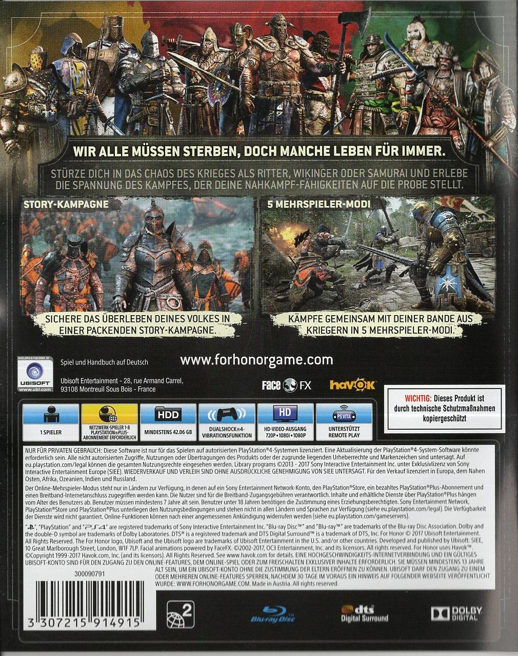 For Honor - PlayStation 4 Rückseite