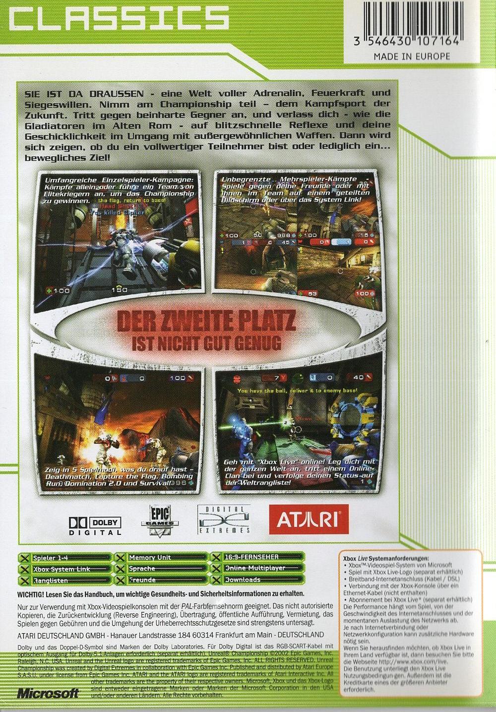 Unreal Championship - Xbox Rückseite