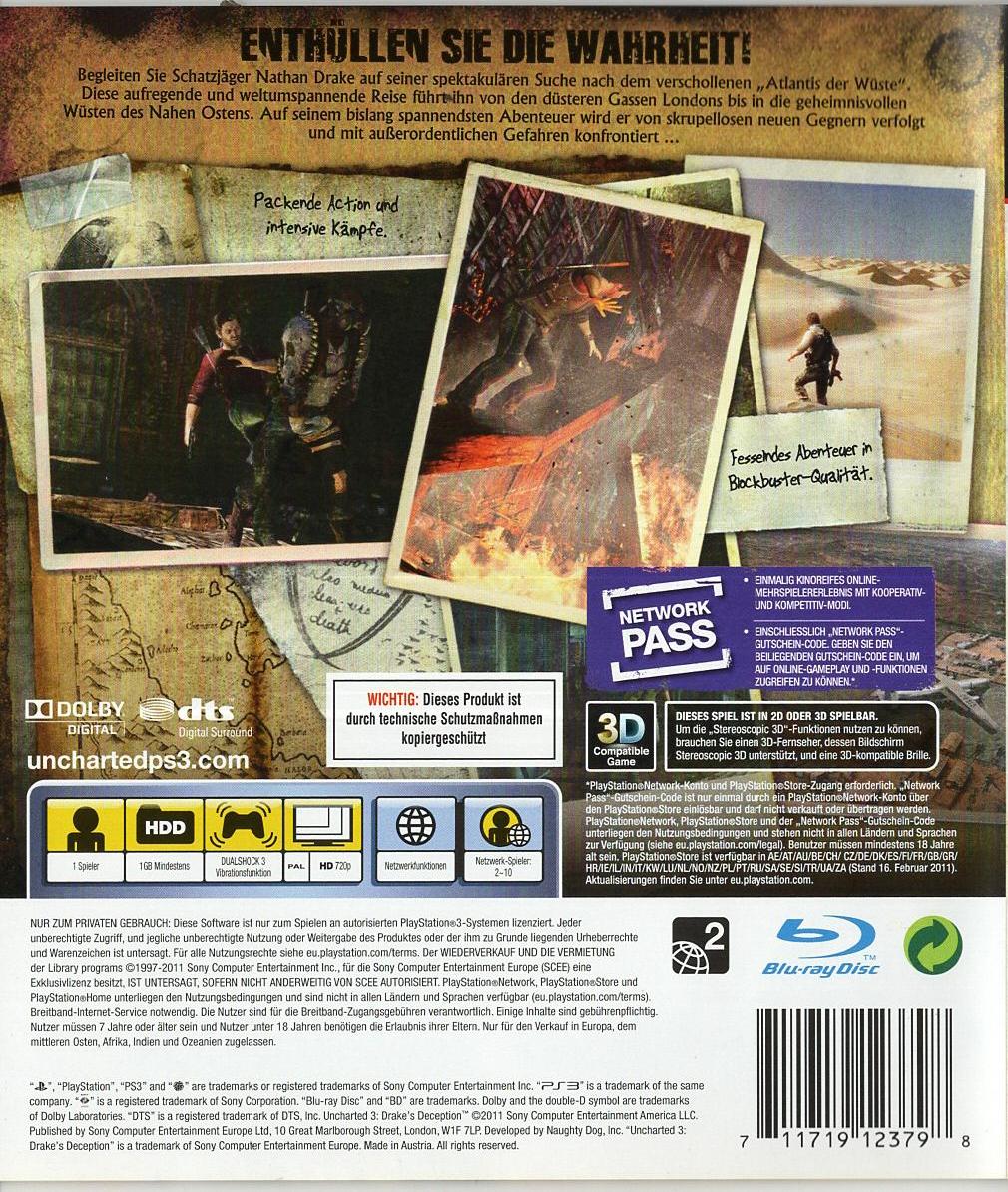Uncharted 3: Drake's Deception - PlayStation 3 Rückseite