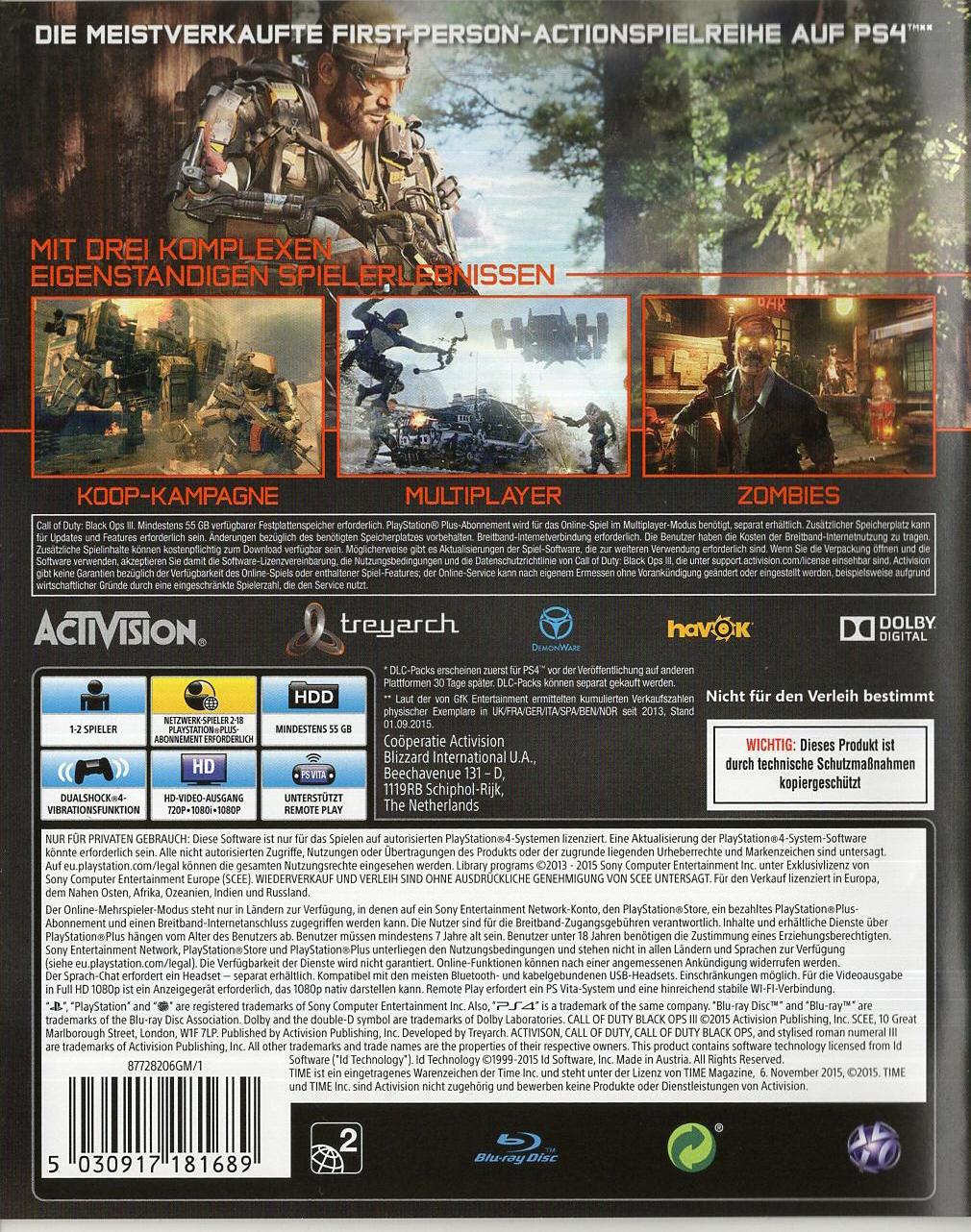 Call of Duty: Black Ops III - PlayStation 4 Rückseite