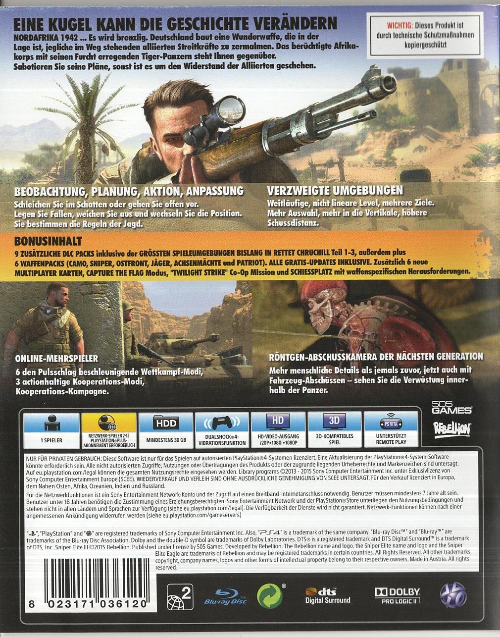 Sniper Elite III Ultimate Edition - PlayStation 4 Rückseite