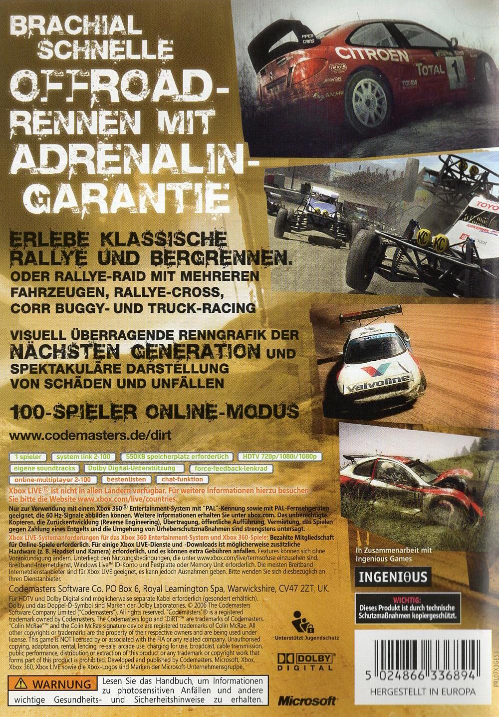 Colin McRae: Dirt - Xbox 360 Rückseite