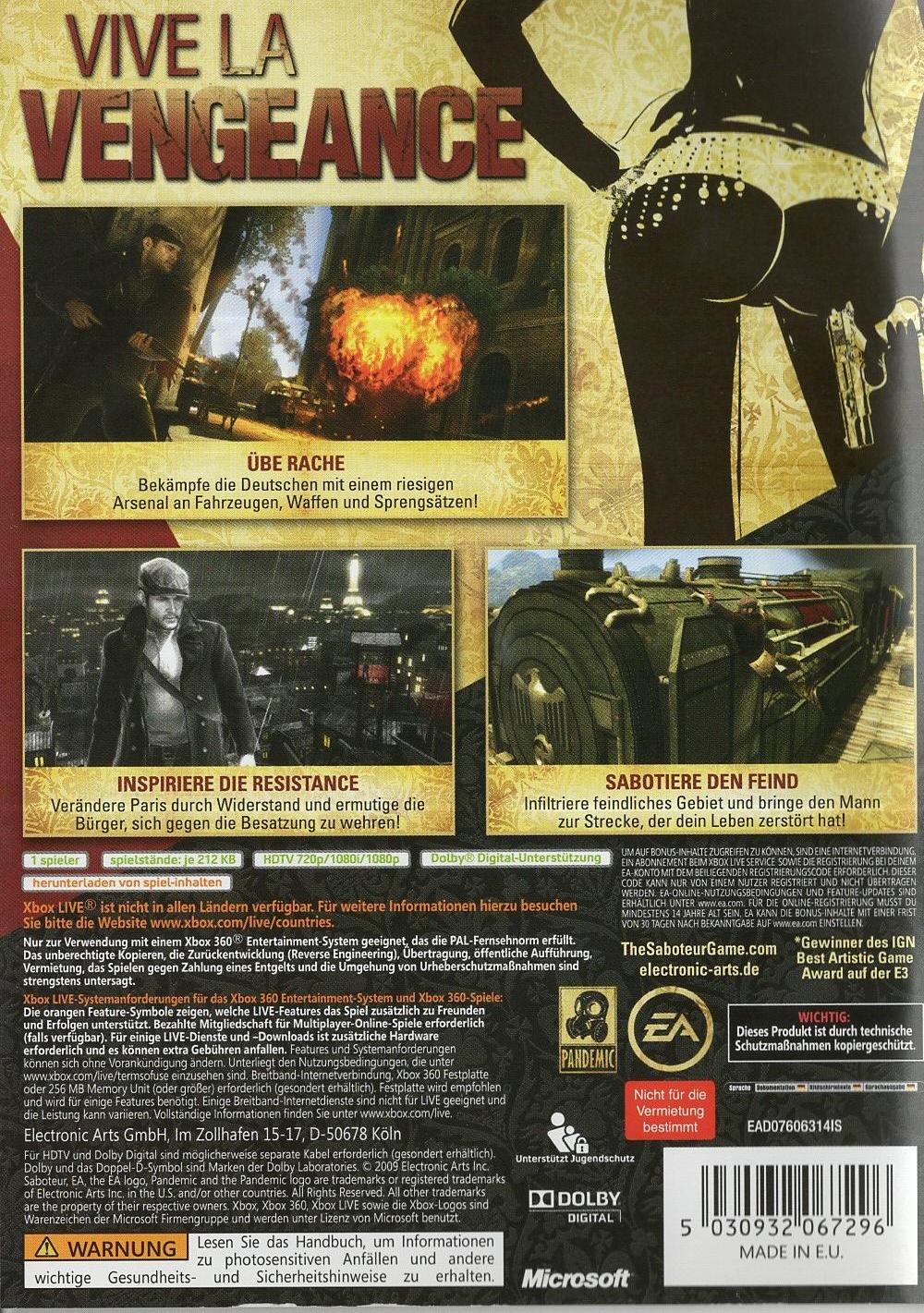 Saboteur - Xbox 360 Rückseite