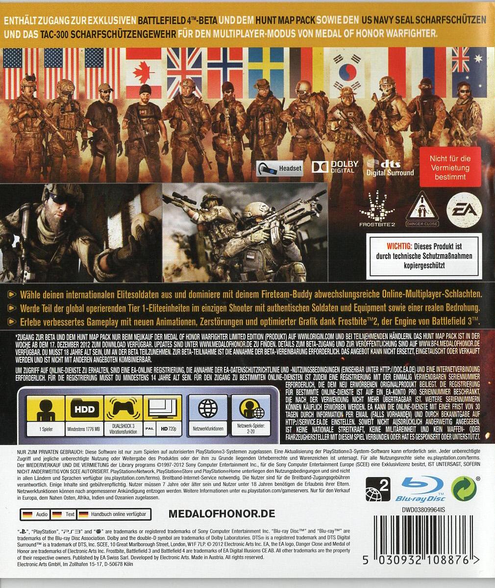 Medal of Honor: Warfighter Limited Edition - PlayStation 3 Rückseite