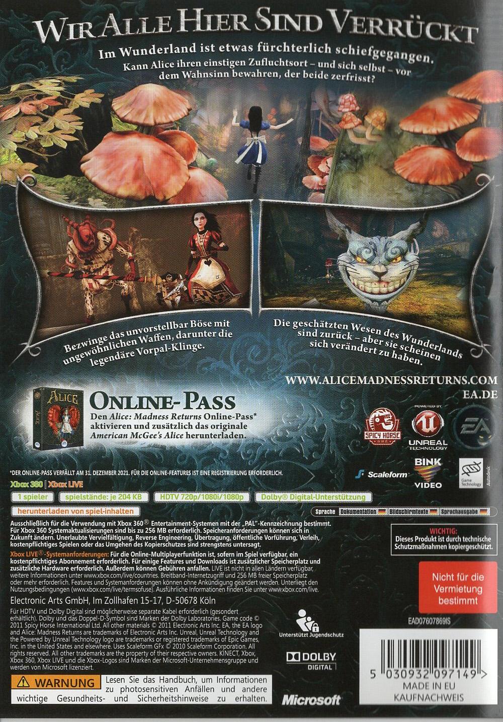 Alice: Madness Returns - Xbox 360 Rückseite