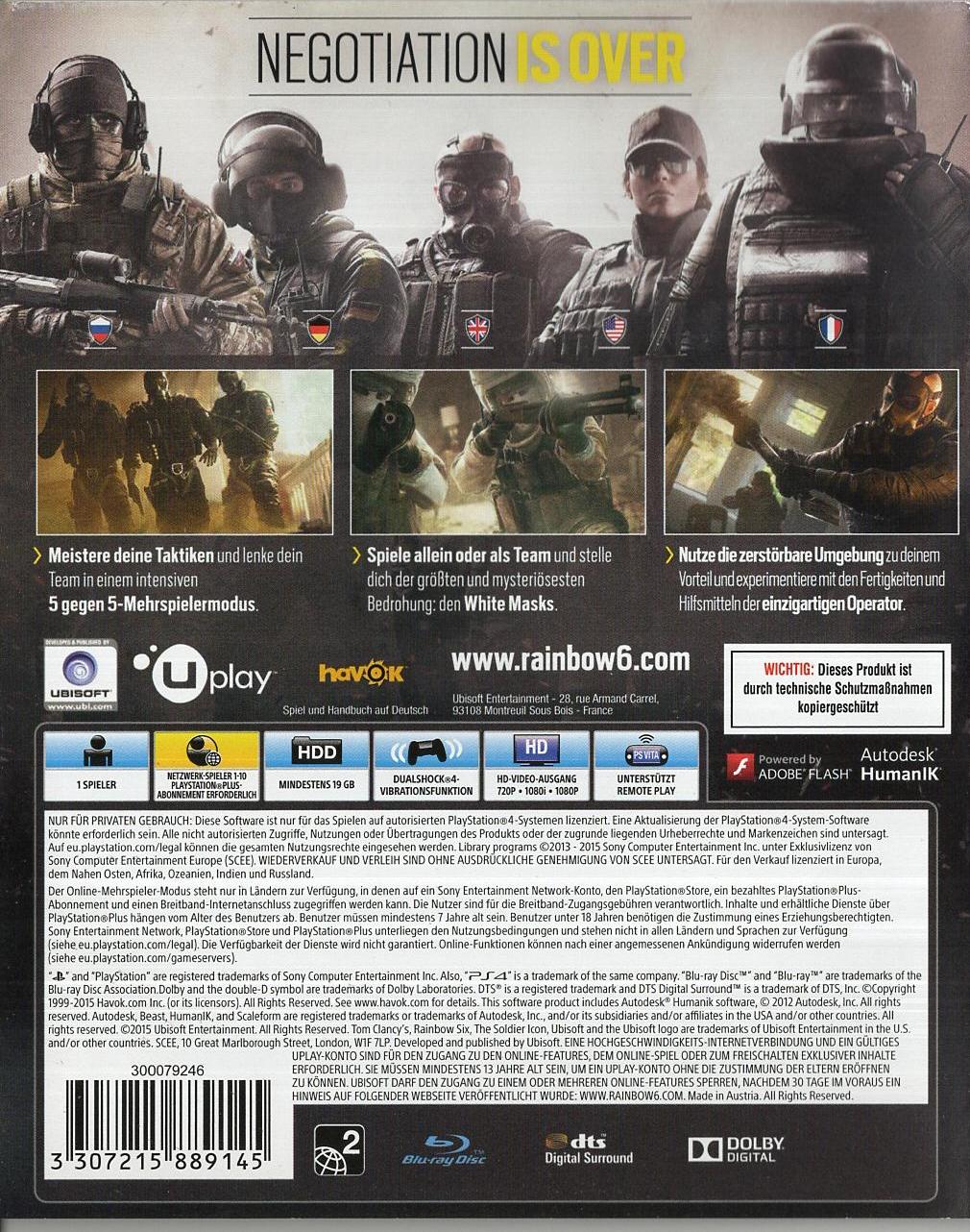 Tom Clancy's Rainbow Six Siege - PlayStation 4 Rückseite