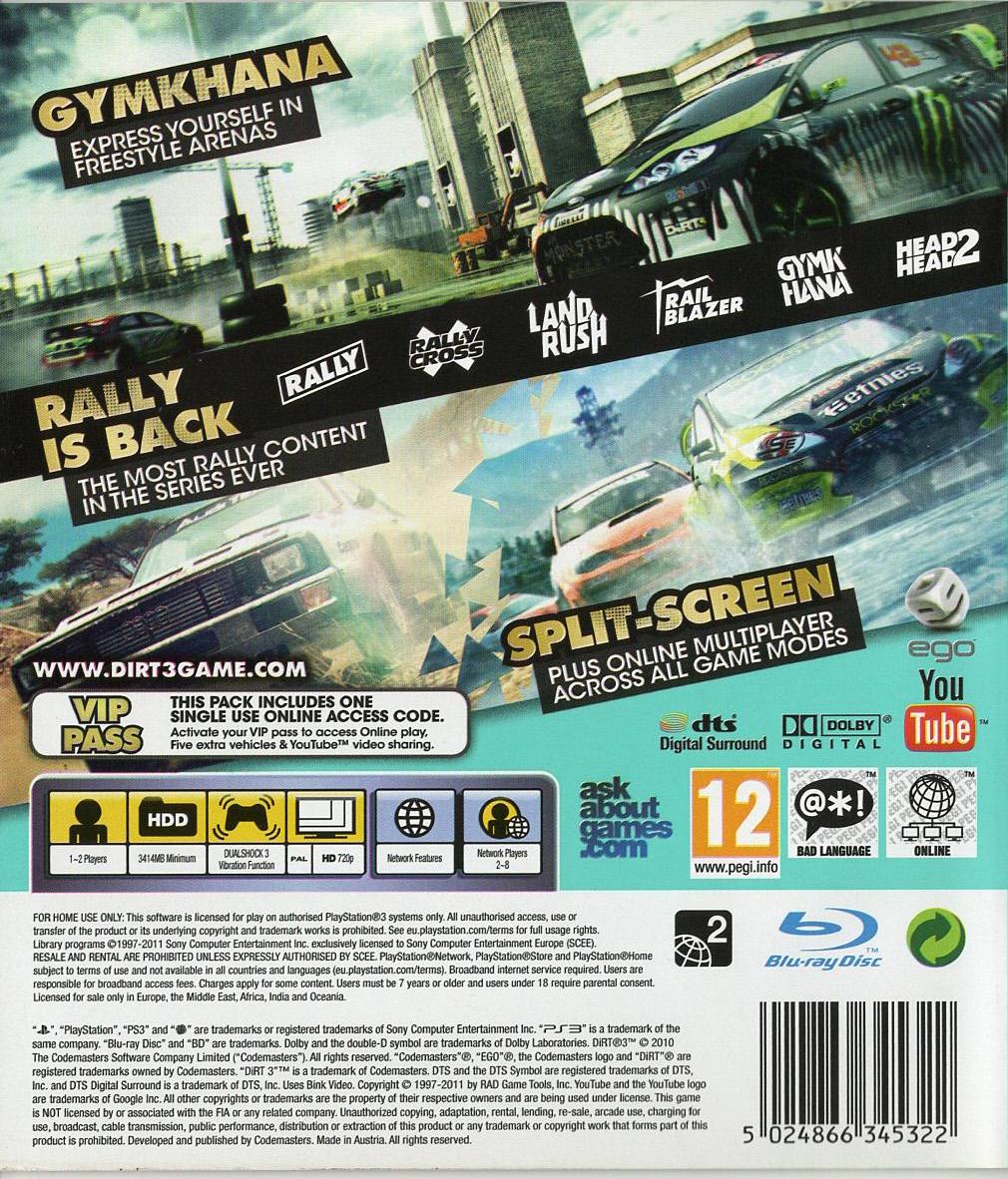 DiRT 3 - PlayStation 3 Rückseite