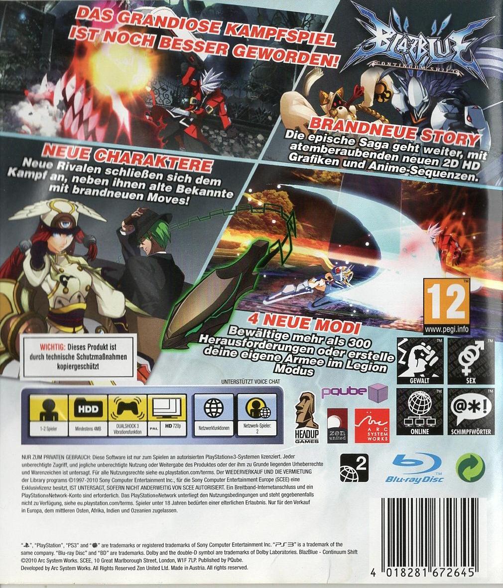 BlazBlue: Continuum Shift - PlayStation 3 Rückseite