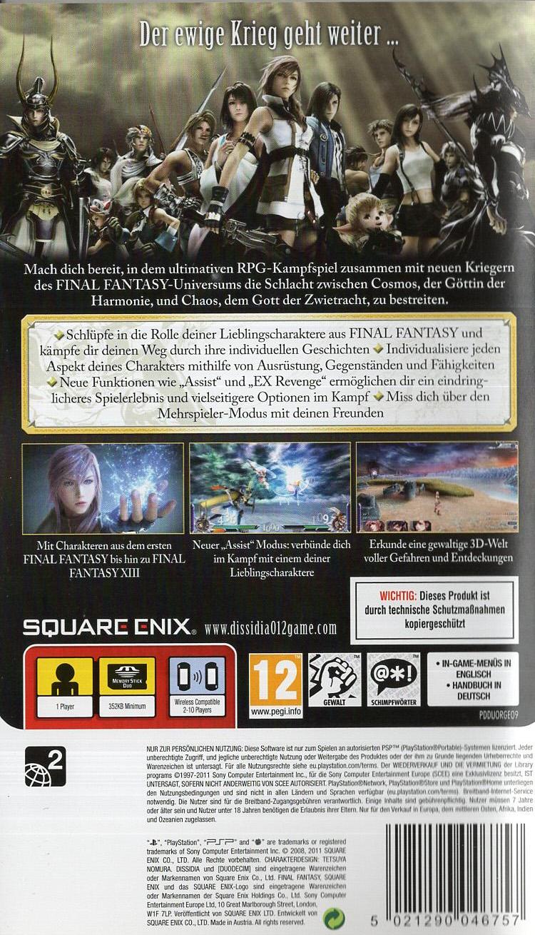 Dissidia 012 [duodecim] Final Fantasy - PlayStation Portable Rückseite