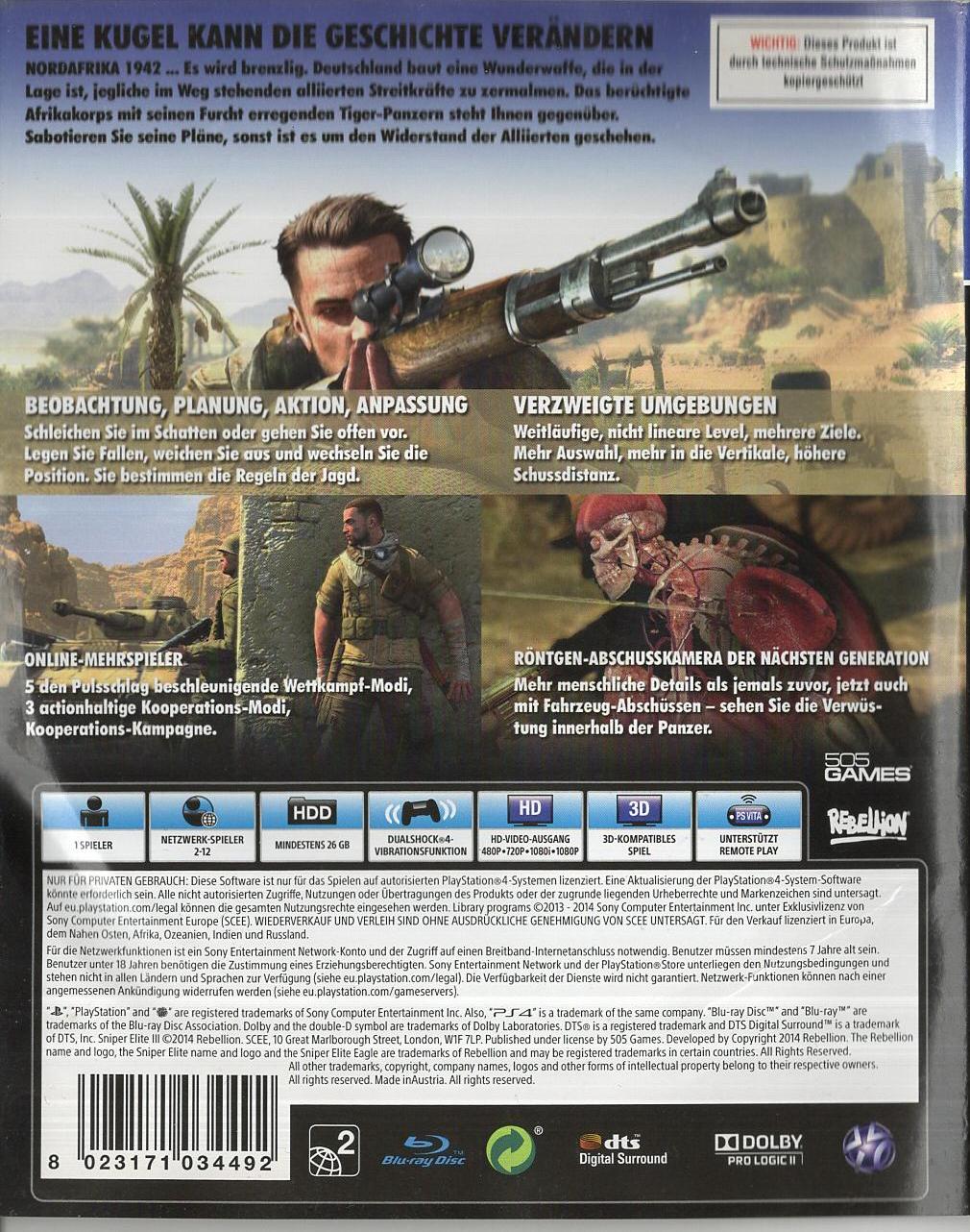 Sniper Elite III - PlayStation 4 Rückseite