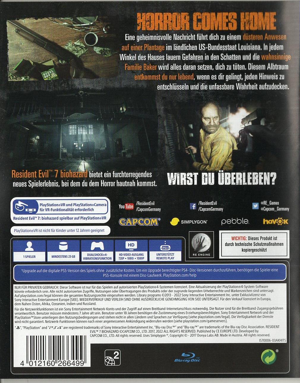 Resident Evil VII: Biohazard - PlayStation 4 Rückseite