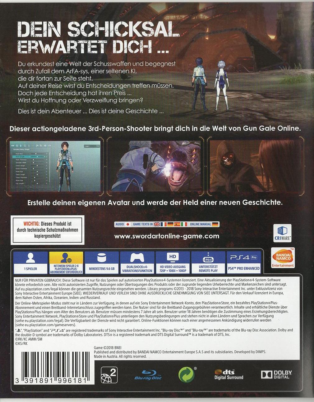 Sword Art Online: Fatal Bullet - PlayStation 4 Rückseite