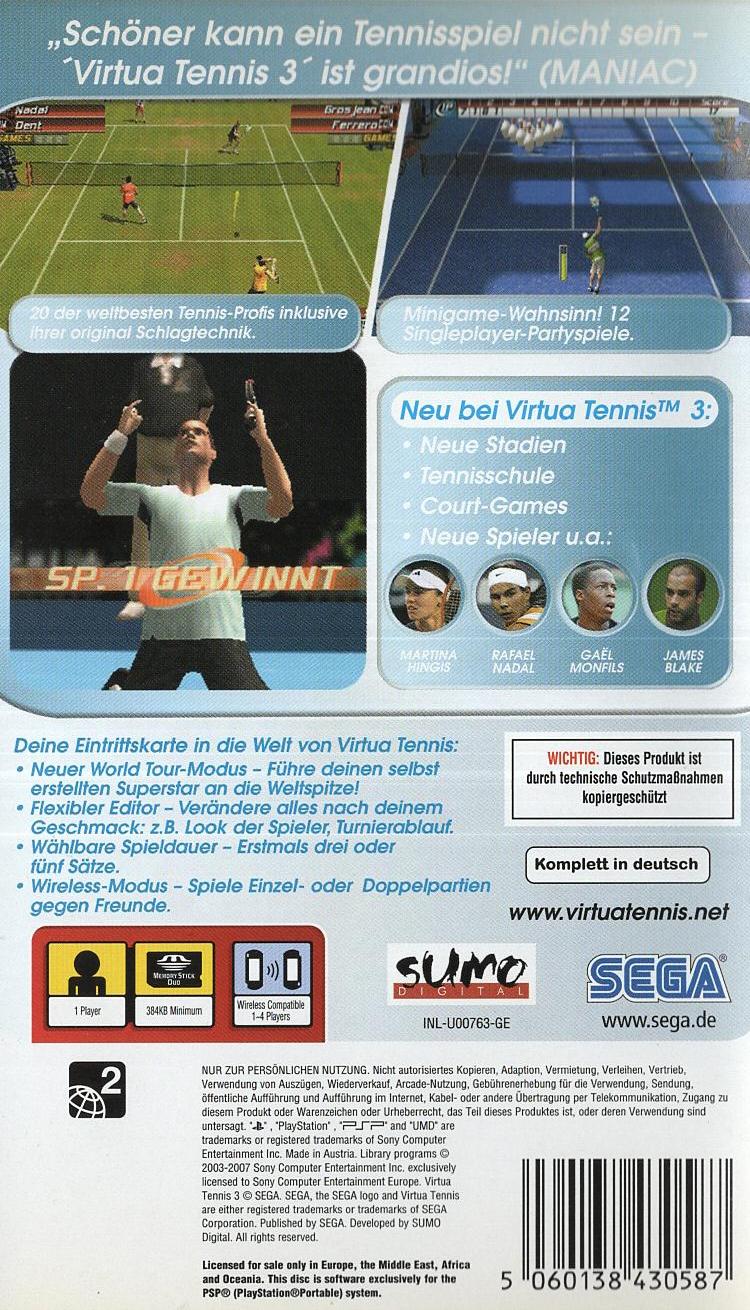 Virtua Tennis 3 - PlayStation Portable Rückseite
