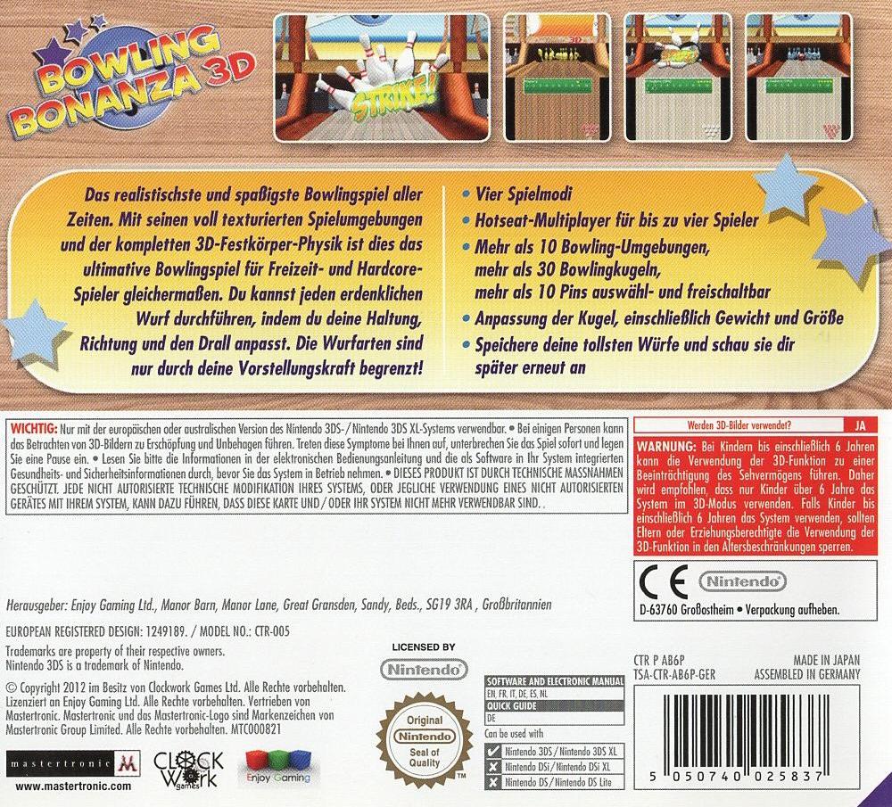 Bowling Bonanza 3D - Nintendo 3DS Rückseite