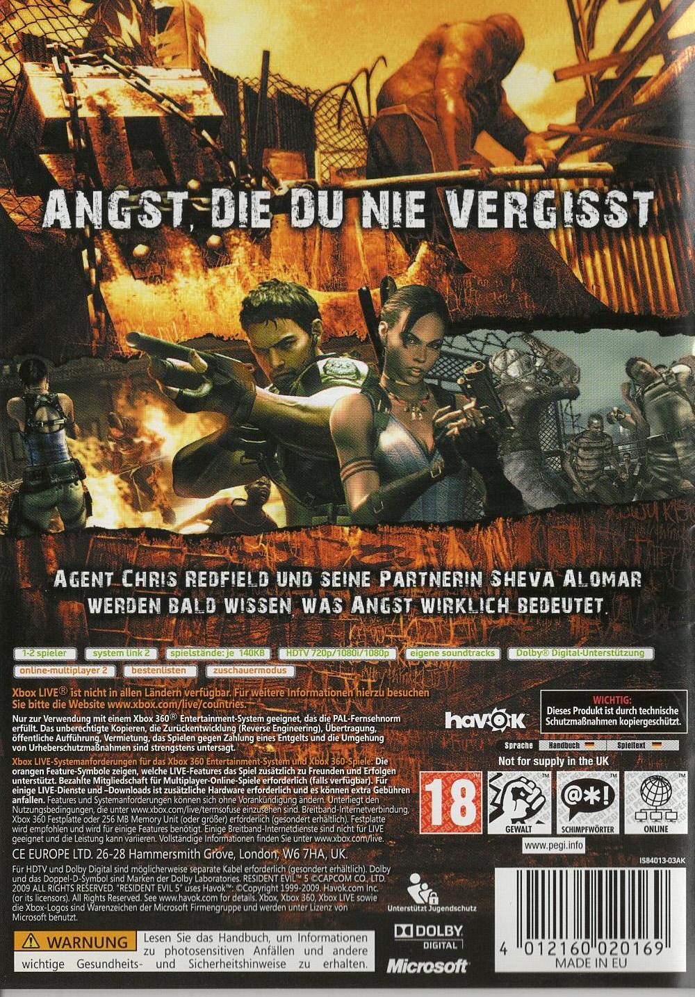 Resident Evil 5 - Xbox 360 Rückseite