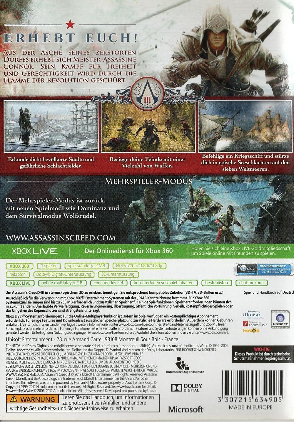 Assassin's Creed III - Xbox 360 Rückseite