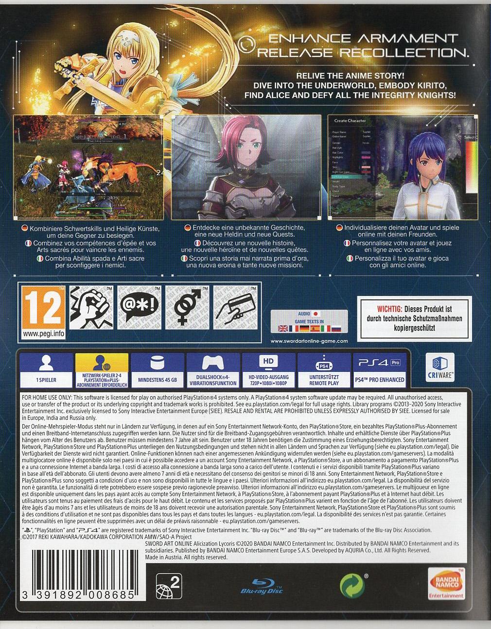 Sword Art Online: Alicization Lycoris - PlayStation 4 Rückseite