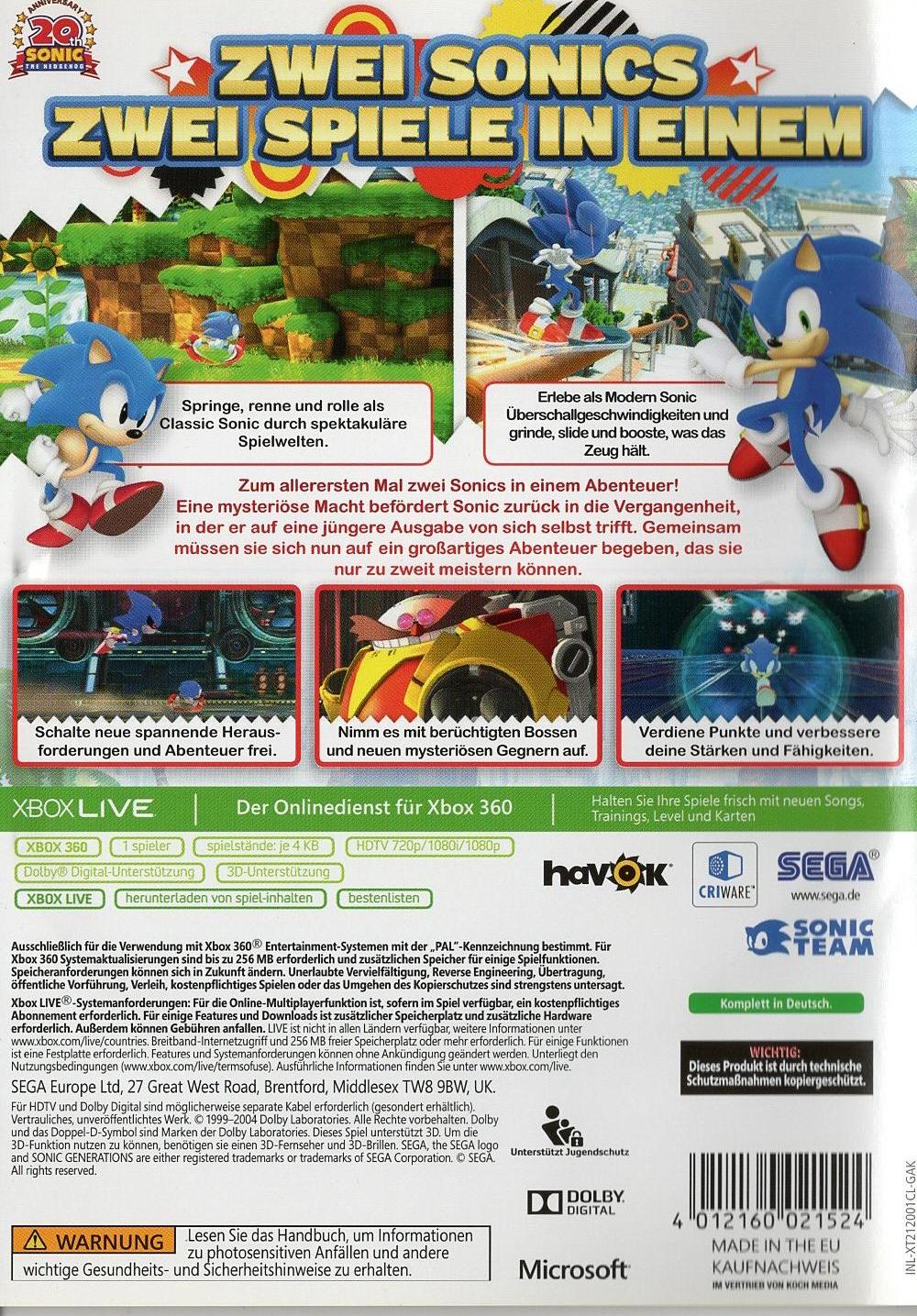 Sonic Generations - Xbox 360 Rückseite