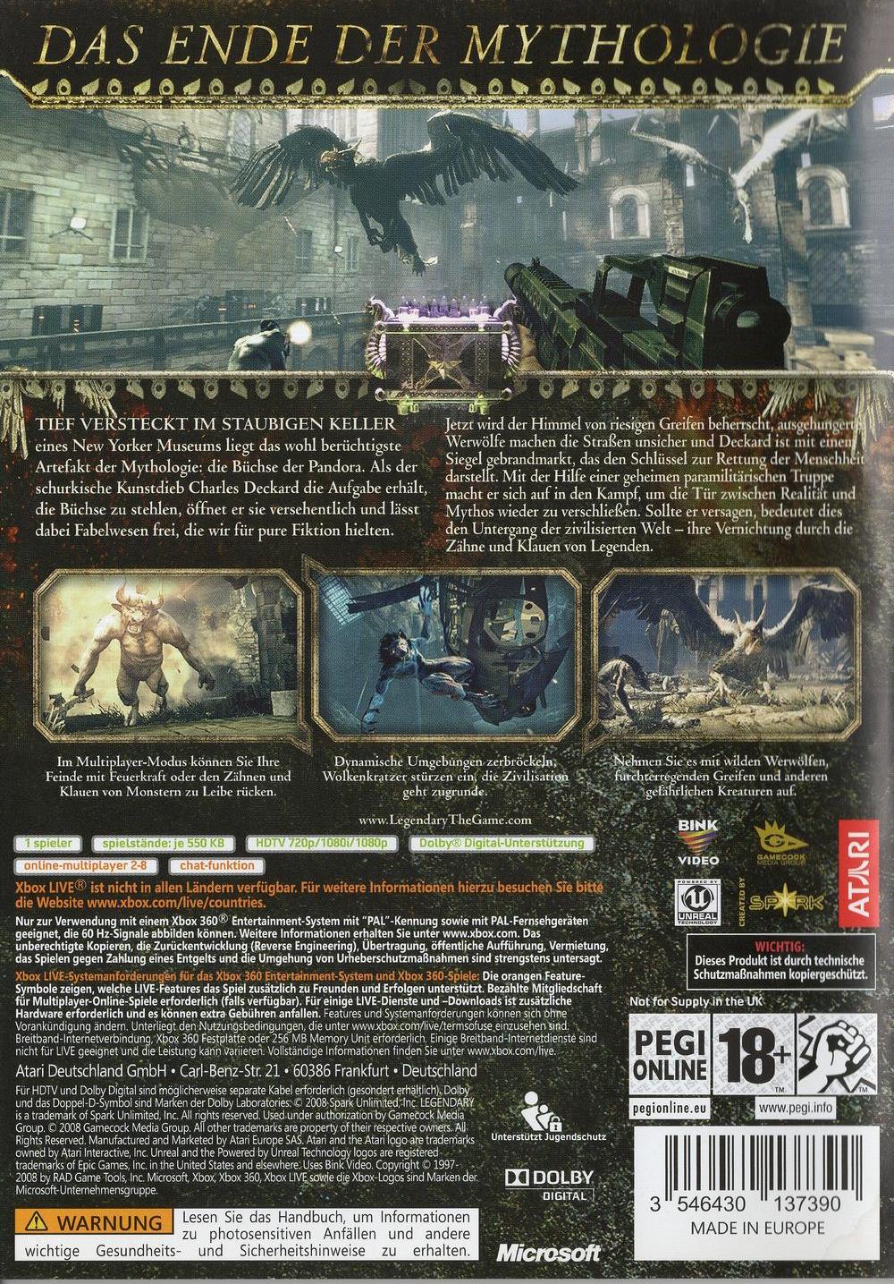Legendary - Xbox 360 Rückseite