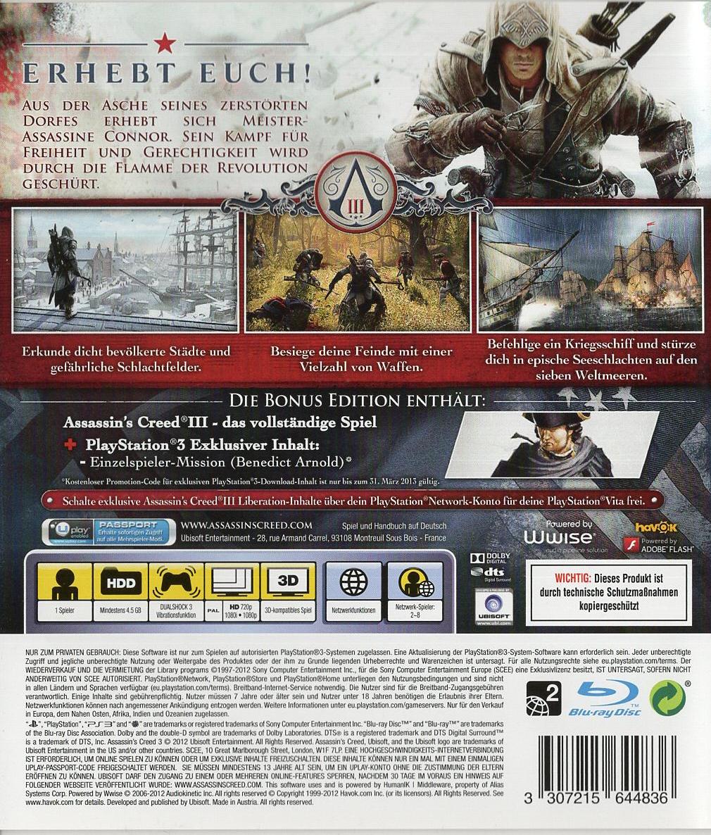 Assassin's Creed III - PlayStation 3 Rückseite